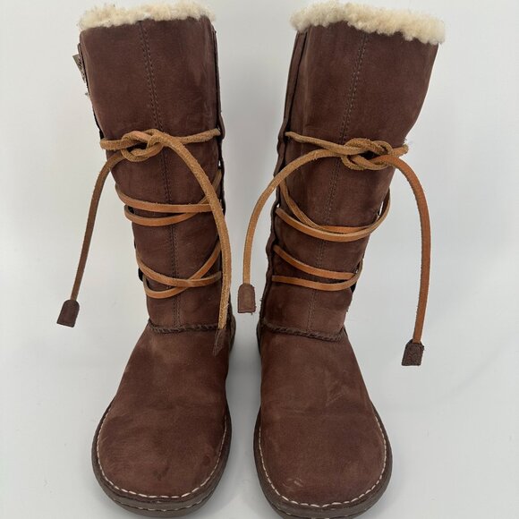 UGG Women’s Catalina Brown Leather Shearling Lace-Up Mid Calf Boots Size 8 - Picture 1 of 15